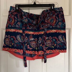 LOFT Navy Paisley Tie-Waist Shorts with Coral Trim